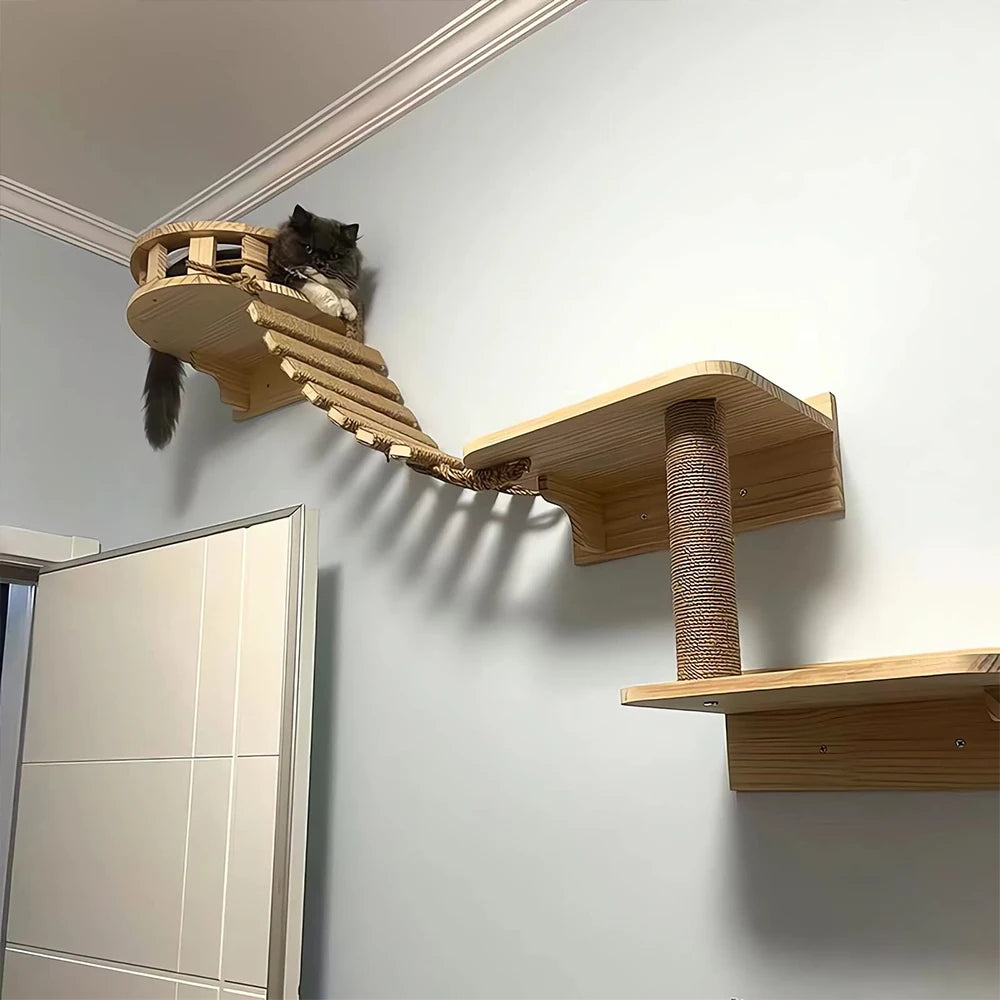 Cat Climbing Frame Bridge Cat Ladder Sisal Rope Wooden Cat Tree Tower Use for Cage Climber Scratching Post Pet Furniture Toys