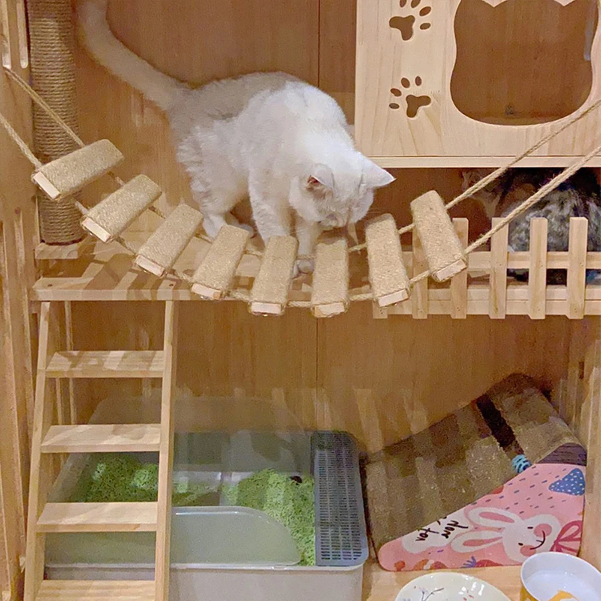 Cat Climbing Frame Bridge Cat Ladder Sisal Rope Wooden Cat Tree Tower Use for Cage Climber Scratching Post Pet Furniture Toys
