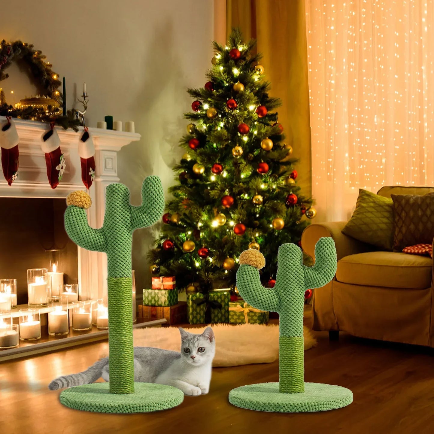 Cat Scratcher Post Sisal Rope Post Cactus Shape Cat Tree for Scratching Cat Tower With Plush Ball Toy Climb Tool