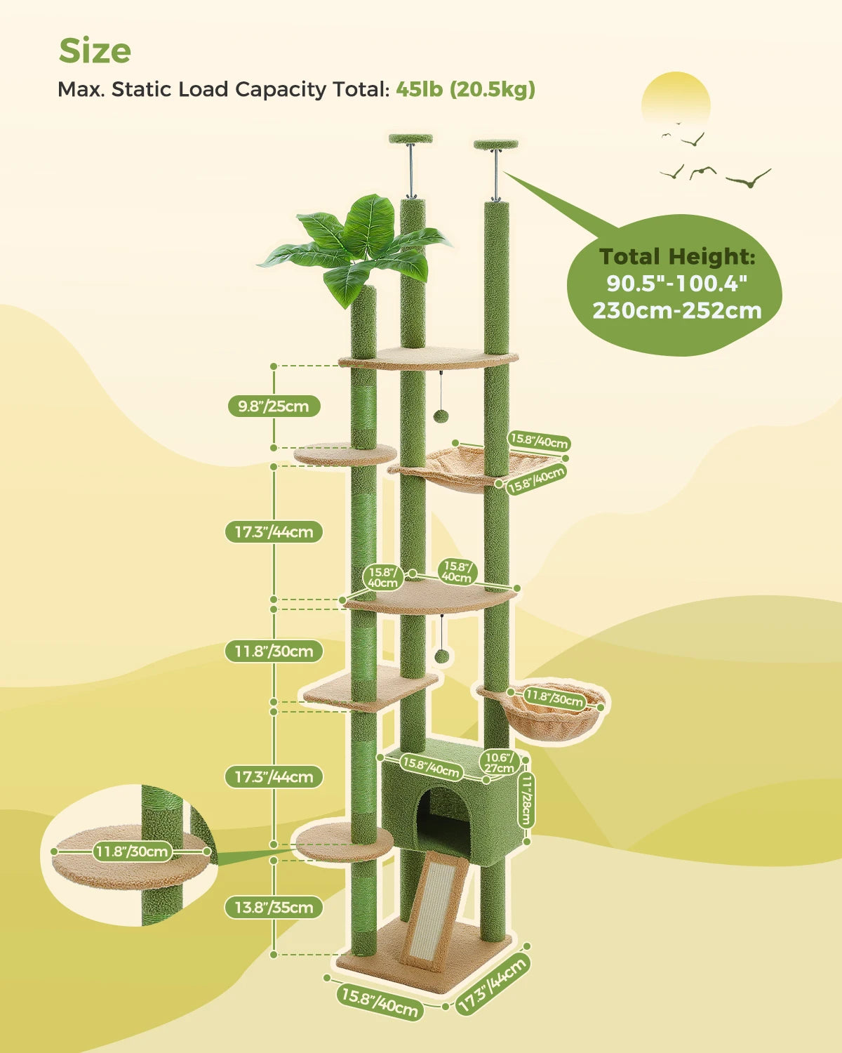 Cactus Cat Tree Floor to Ceiling Cat Tower Adjustable Height with Cat Condo Cozy Hammock and Scratching Post