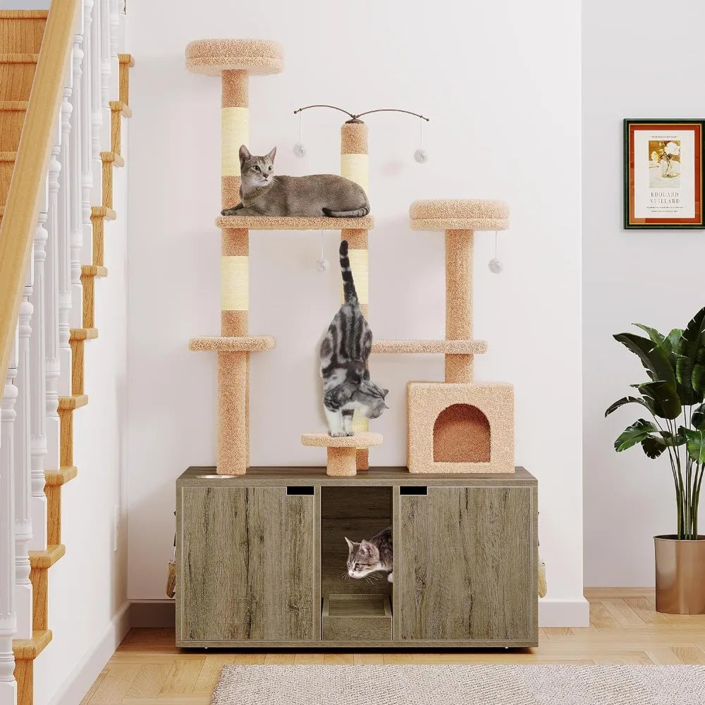 Double Cat Litter Box Enclosure With Cat Tree