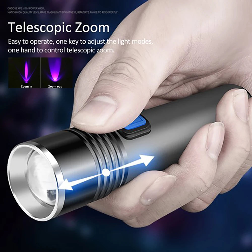 395nm UV Flashlight Blacklight Zoomable USB Rechargeable UV Light Ultraviolet Flashlight for Pet Urine Detection Resin Curing