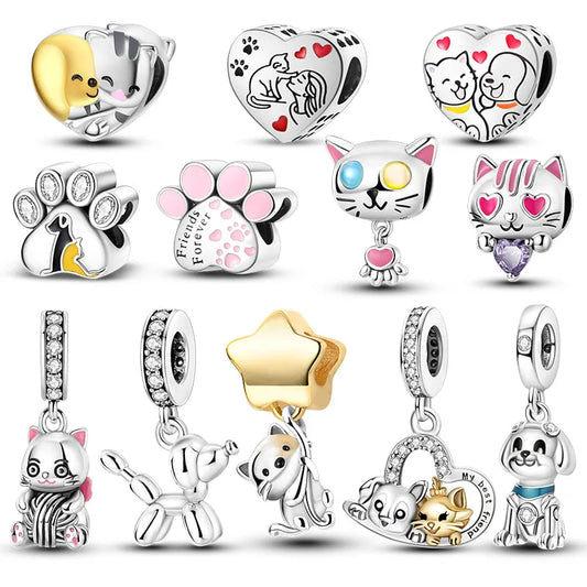 925 Silver Plated Charms Pet Dog Cat Heart Beads Fit Original Pandora Bracelet Making For Jewelry DIY