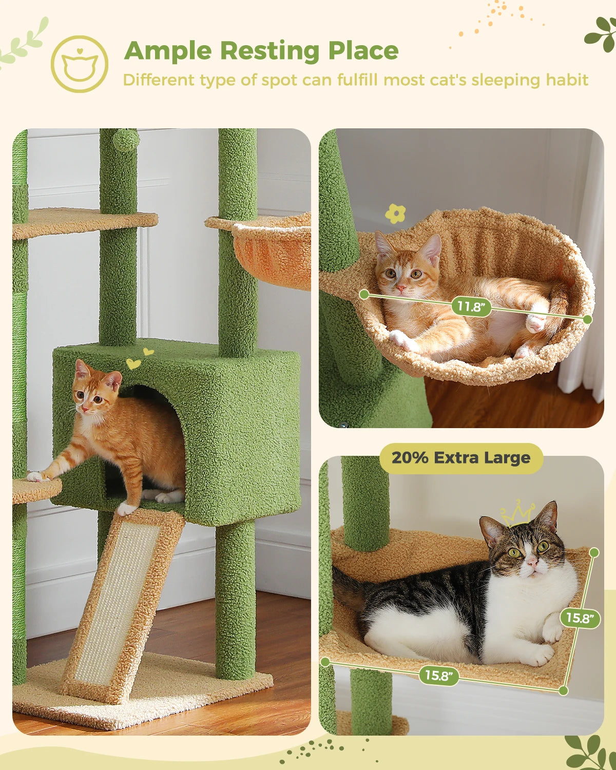 Cactus Cat Tree Floor to Ceiling Cat Tower Adjustable Height with Cat Condo Cozy Hammock and Scratching Post