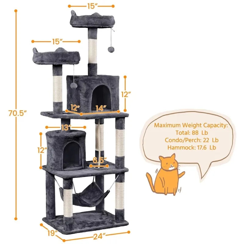 70.5″H Multi Level Cat Tower Tree with 2 Condos & 2 Foam-Padded Perches for Medium/Large Cats