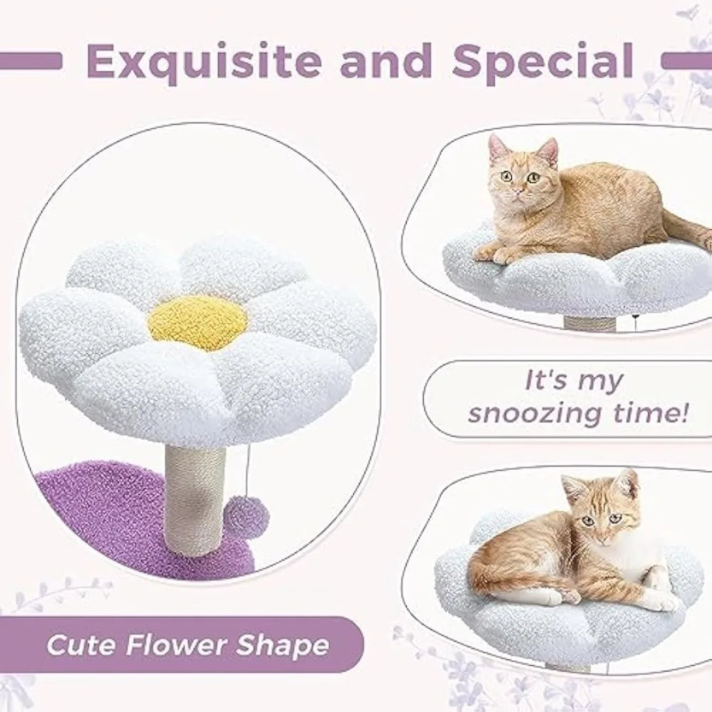 32 Inches Purple Flower Cat Tower with Sisal Covered Scratching Post, Plush Perches and Fluffy Balls