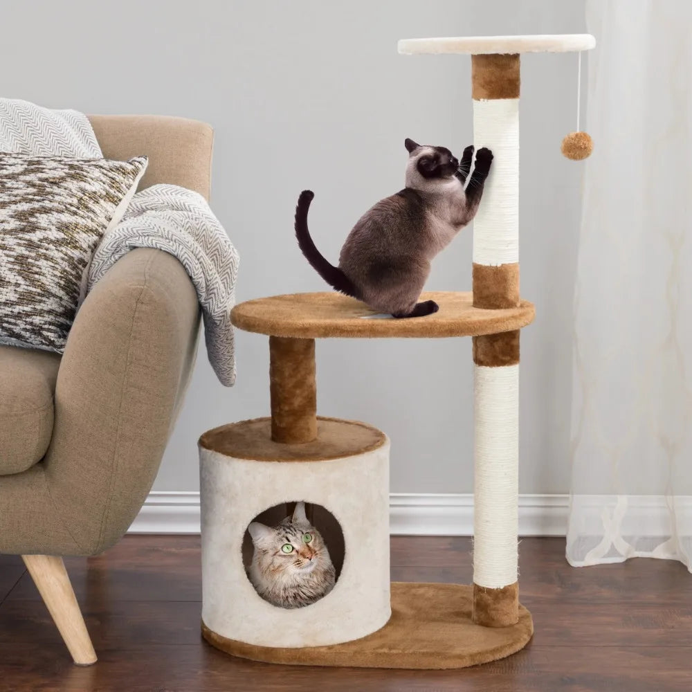 3 Tier Cat Tower with 2 Napping Perches Cat Condo 2 Sisal Rope Scratching Posts and Hanging Toy Cat Tree for Indoor Cats