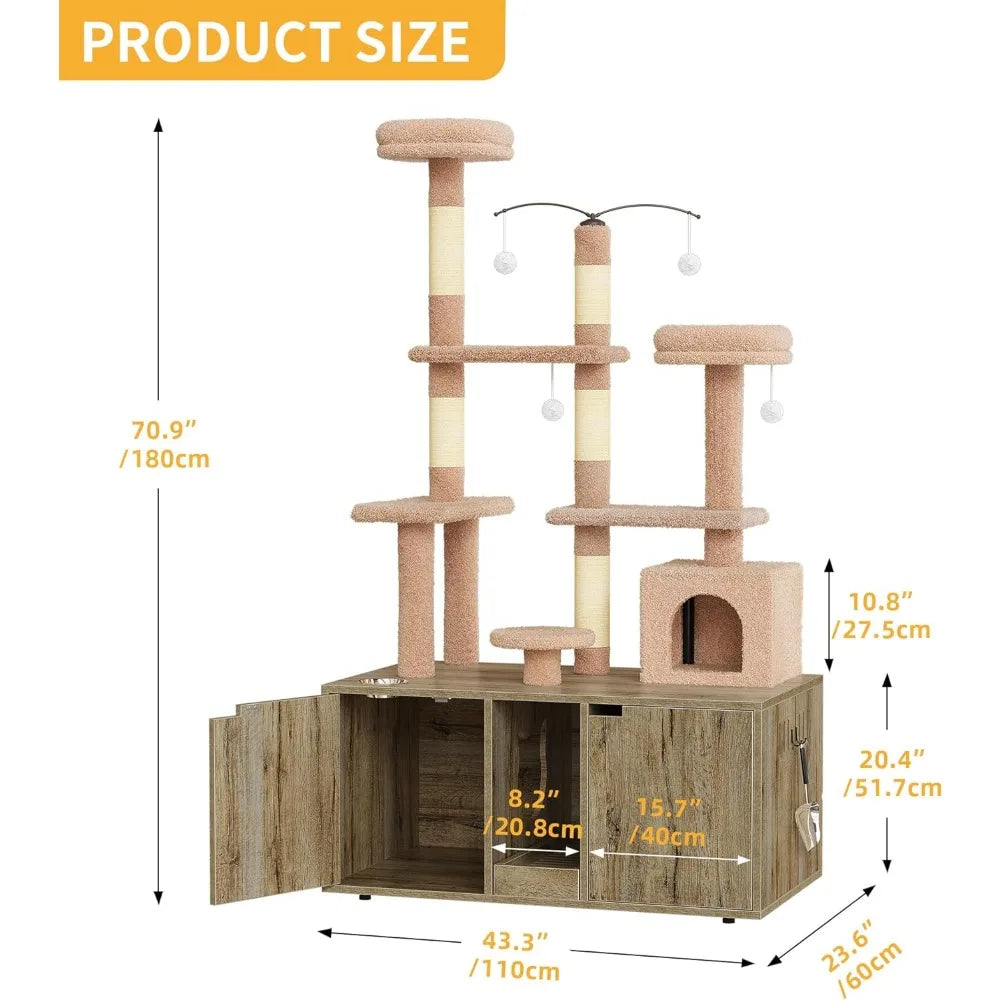 Double Cat Litter Box Enclosure With Cat Tree with Scratcher Rustic Brown