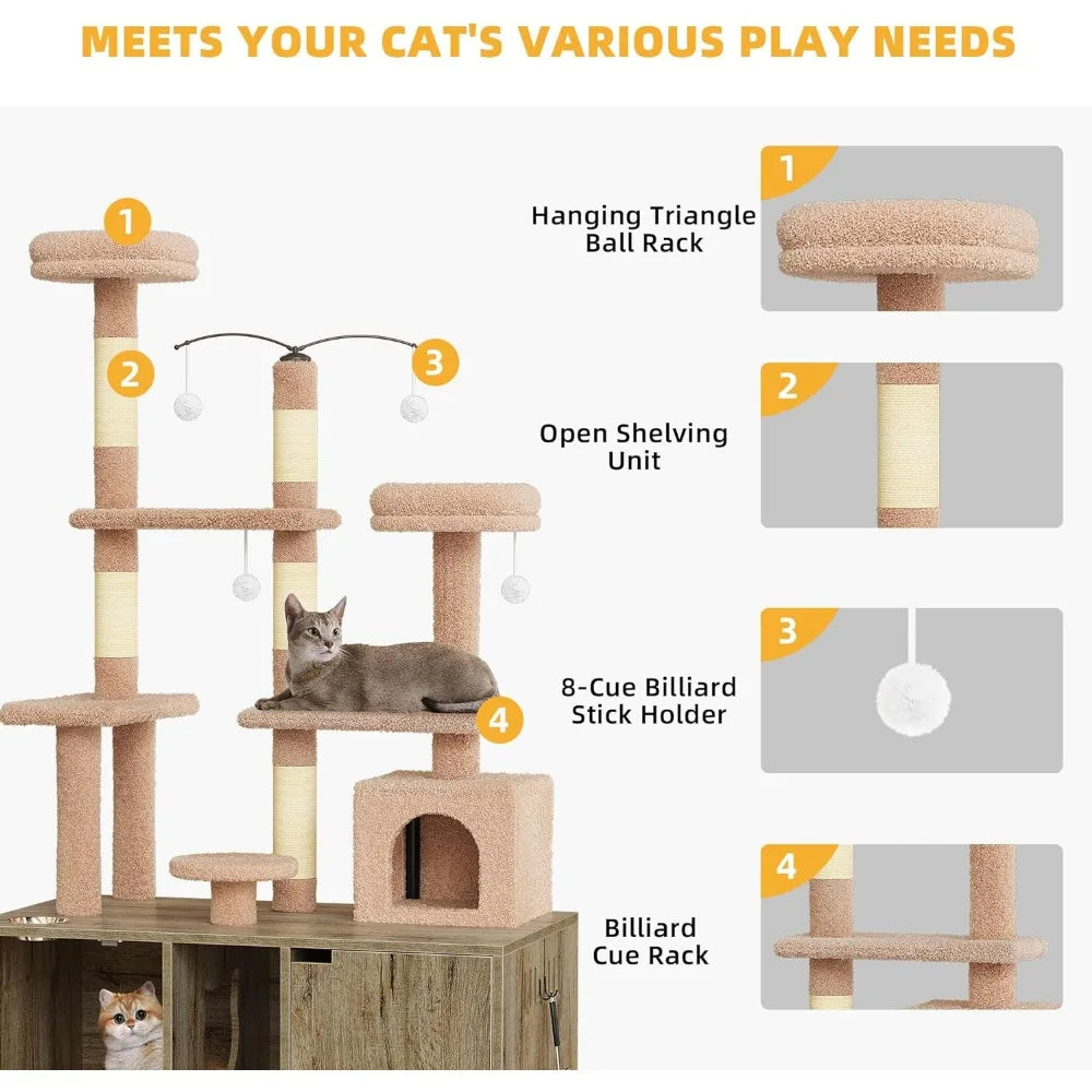 Double Cat Litter Box Enclosure With Cat Tree