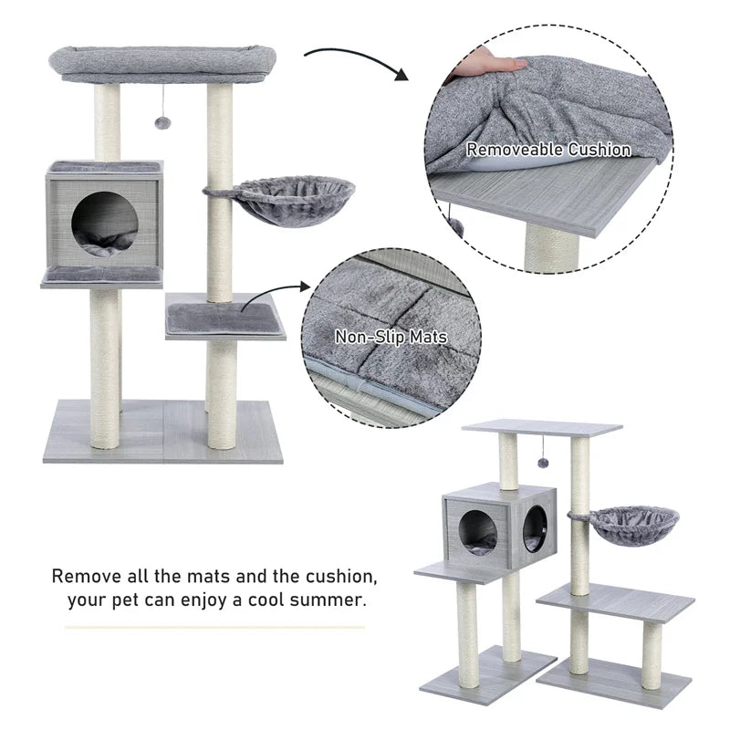 Luxury Cat Tree House Kitten Jumping Natural Scratching Post for Kitten Hanging Ball Multi-Functional Cat Tower Spacious Hammock