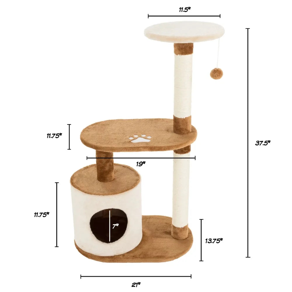 3 Tier Cat Tower with 2 Napping Perches Cat Condo 2 Sisal Rope Scratching Posts and Hanging Toy Cat Tree for Indoor Cats