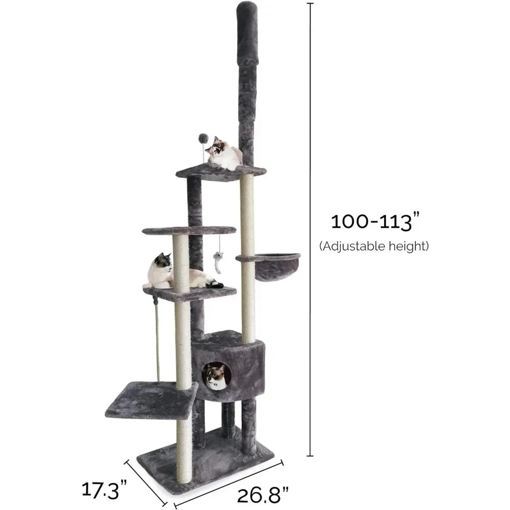 100"-113" Tall Cat Tree for Indoor Cats w/ Adjustable Height