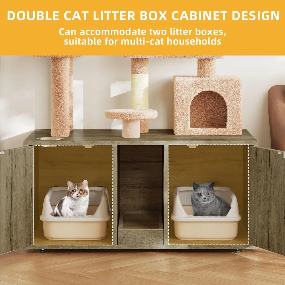 Double Cat Litter Box Enclosure With Cat Tree