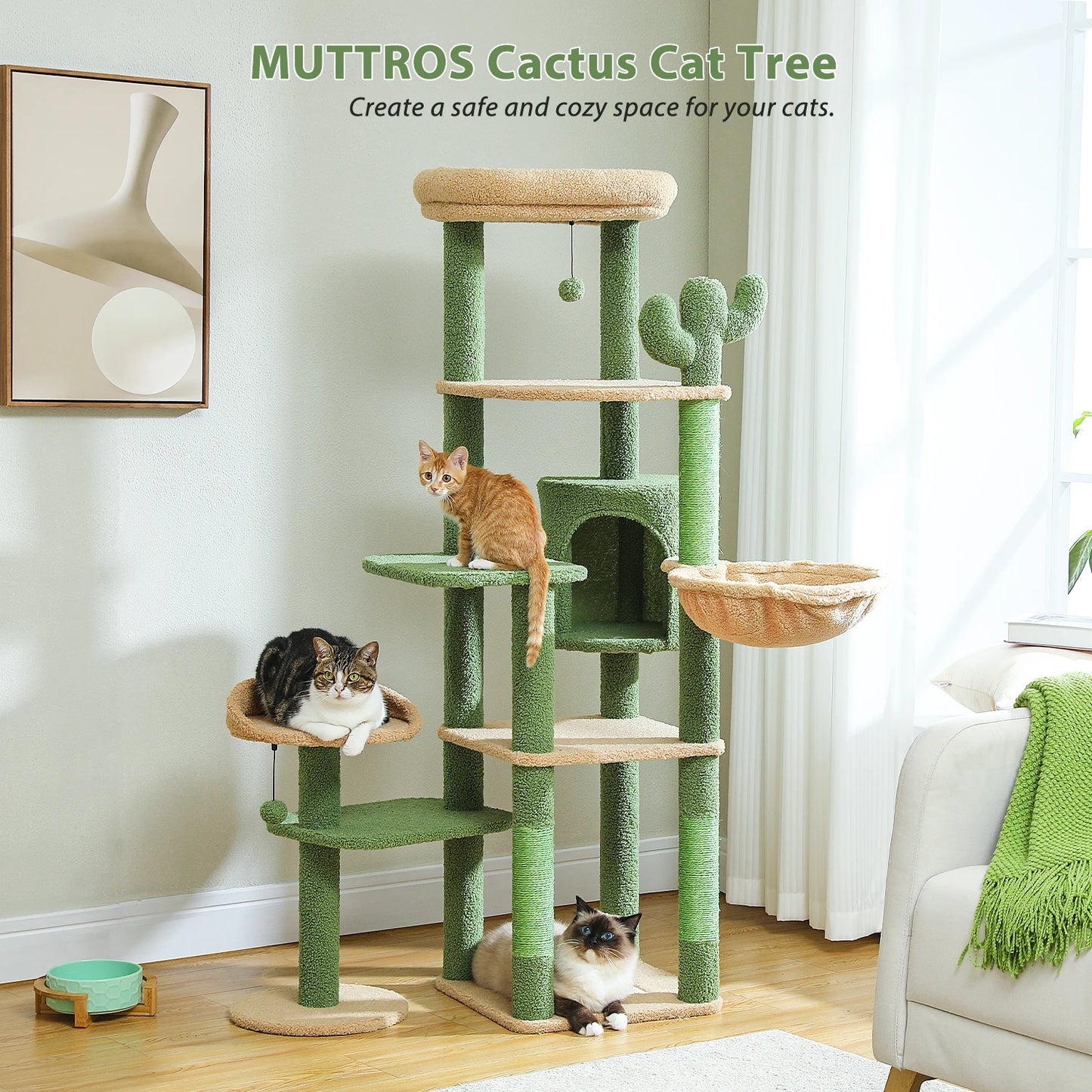 Height 150 CM Cactus Large Cat Tree Tower for Indoor with 5 Tier Spacious Condo Cozy Hammock Scratching Post and 2 Perches Green