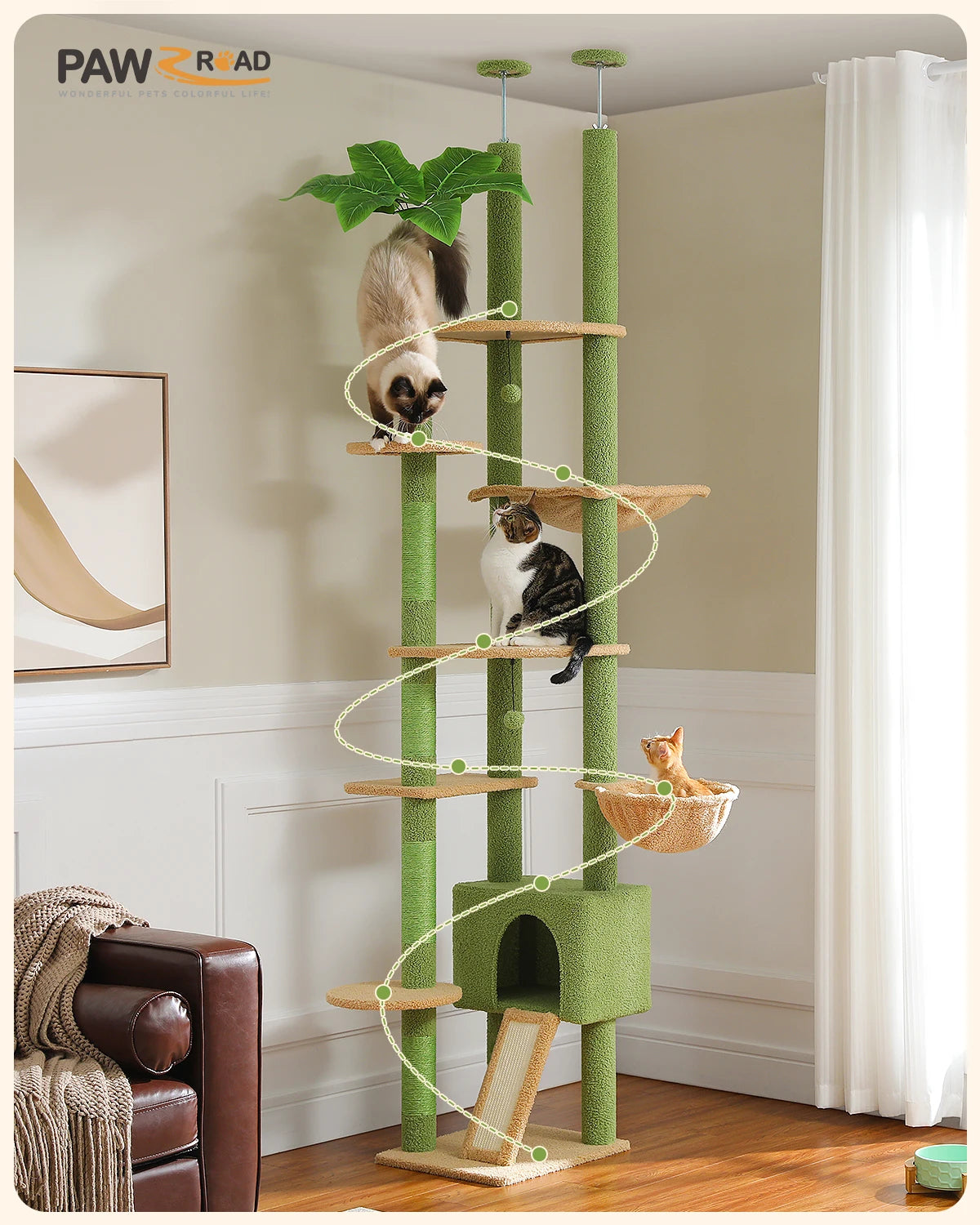 Cactus Cat Tree Floor to Ceiling Cat Tower Adjustable Height with Cat Condo Cozy Hammock and Scratching Post