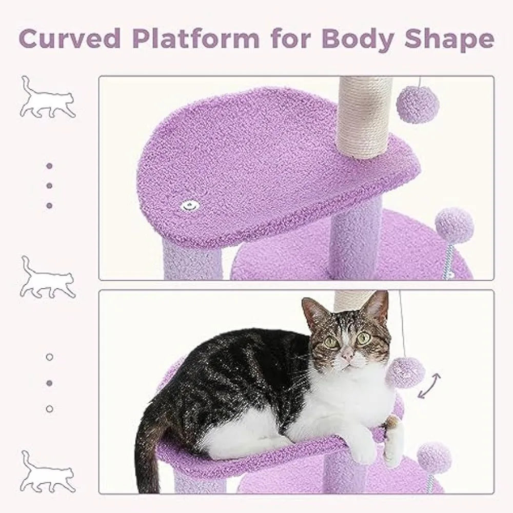 32 Inches Purple Flower Cat Tower with Sisal Covered Scratching Post, Plush Perches and Fluffy Balls