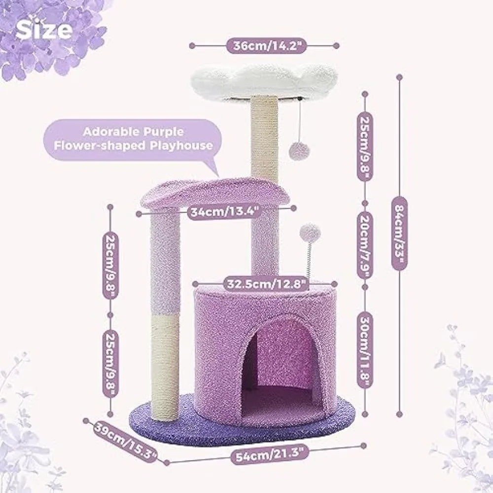 32 Inches Purple Flower Cat Tower with Sisal Covered Scratching Post, Plush Perches and Fluffy Balls