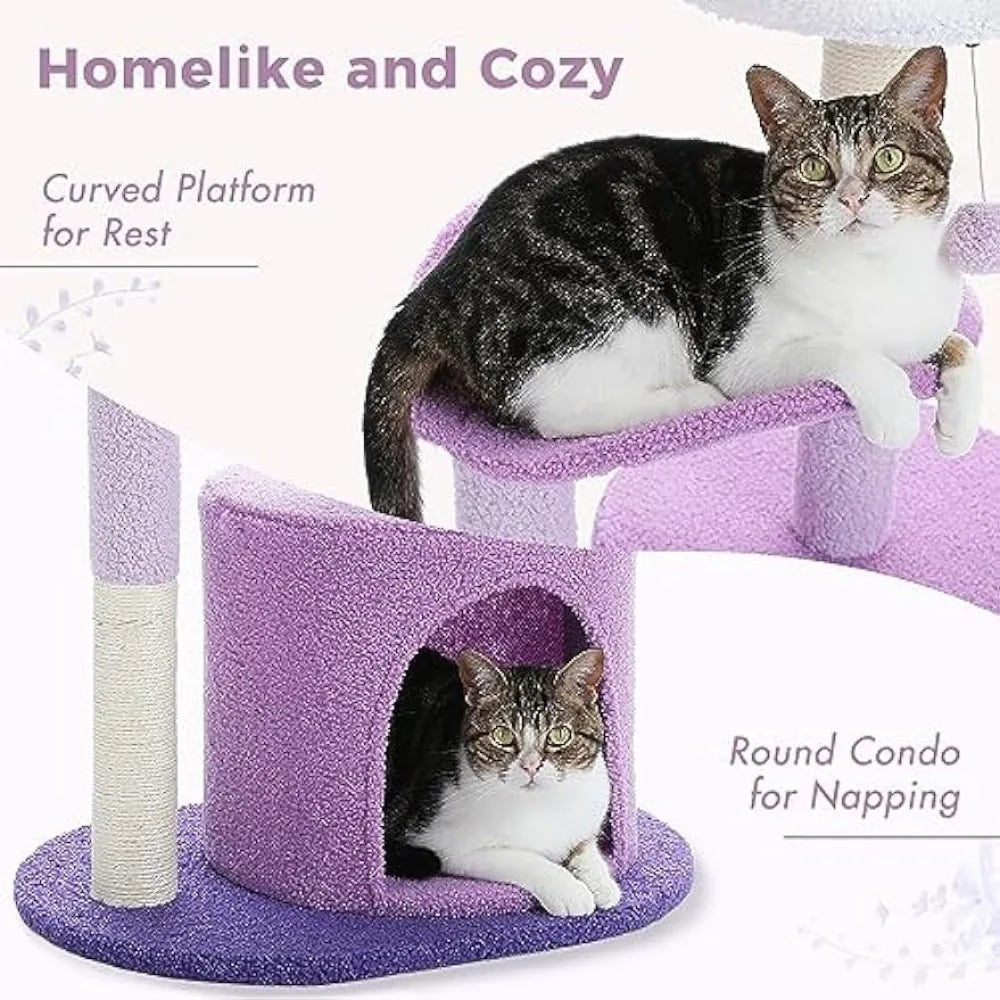 32 Inches Purple Flower Cat Tower with Sisal Covered Scratching Post, Plush Perches and Fluffy Balls