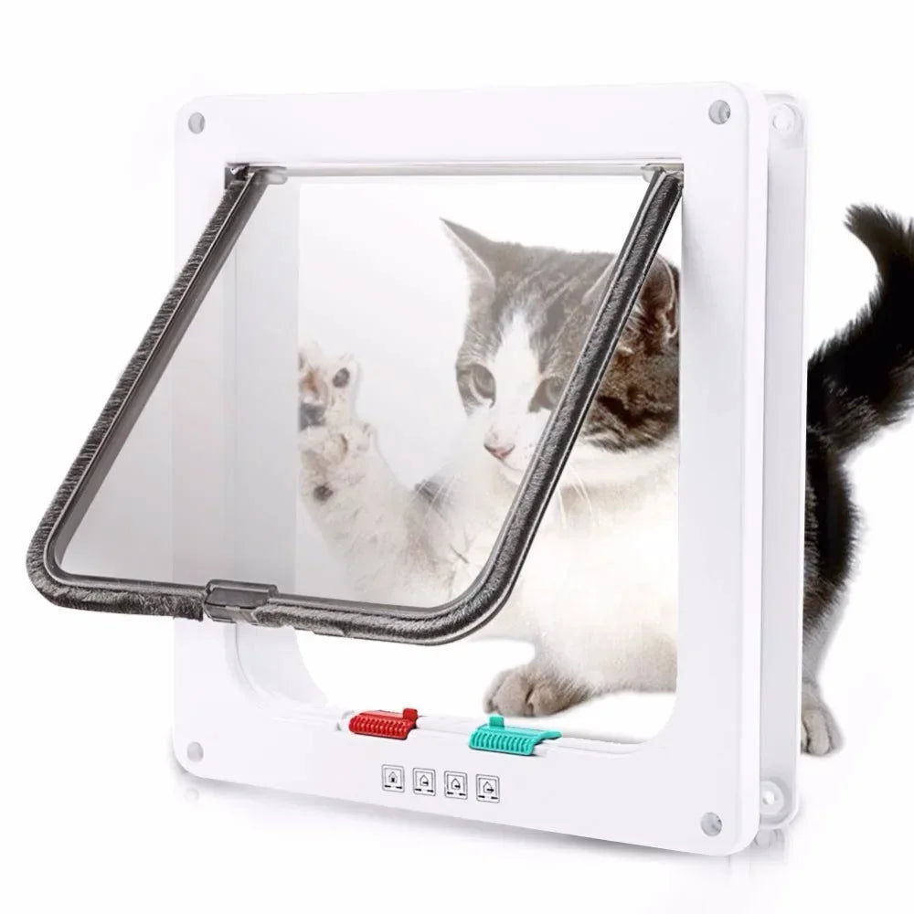 Dog Cat Flap Door with 4 Way Security Lock Flap Door for Dog Cats Kitten ABS Plastic Small Pet Gate Door Kit Cat Dogs Flap Doors