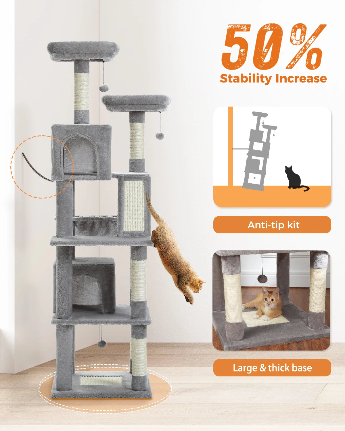 H180CM Large Cat Tree for Indoor Tall Tower for Cat Multi-Level Plush with Natural Sisal Scratching Post Condos Perches Hammock