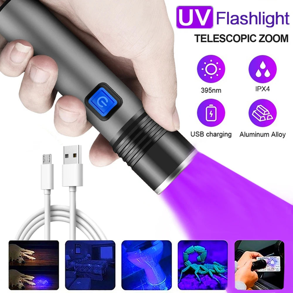 395nm UV Flashlight Blacklight Zoomable USB Rechargeable UV Light Ultraviolet Flashlight for Pet Urine Detection Resin Curing