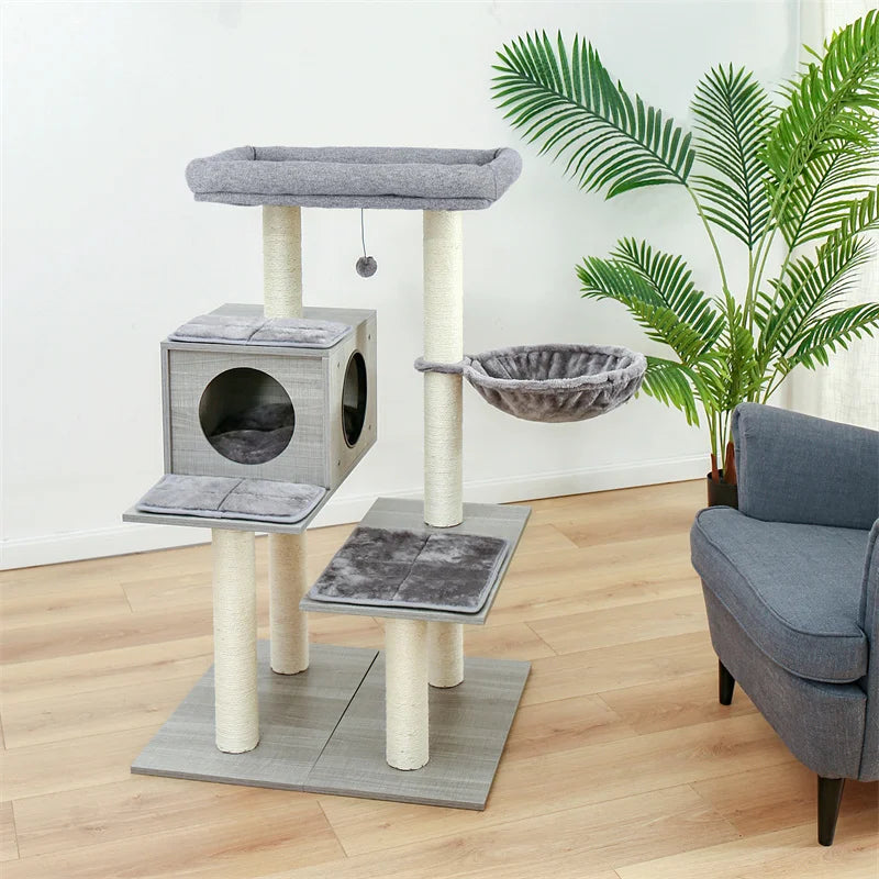 Luxury Cat Tree House Kitten Jumping Natural Scratching Post for Kitten Hanging Ball Multi-Functional Cat Tower Spacious Hammock